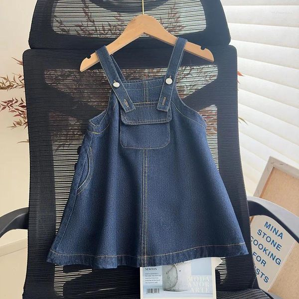 Abiti da ragazza in stile coreano autunno neonate blu senza maniche a trapezio bottoni in denim con tasche capispalla per bambini