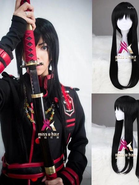 Articoli per feste Sintetico Lungo Nero D.Gray-man Yu Kanda Parrucca Cosplay Capelli di Halloween Con Una Coda di Cavallo Parrucche Maschili Berretto con Frangetta