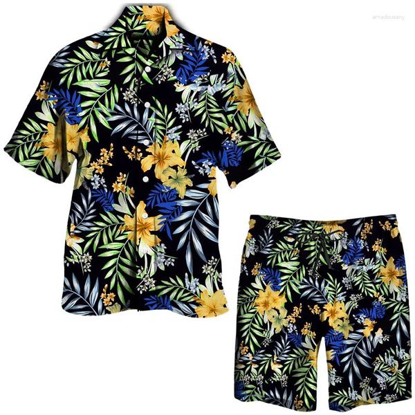 Herren-Trainingsanzüge, tropischer Blumendruck, hawaiianische Sets, lässig, kurzärmelig, Button-Down-Revers-Hemd, Strand-Shorts, Anzüge, 2-teilige Outfits