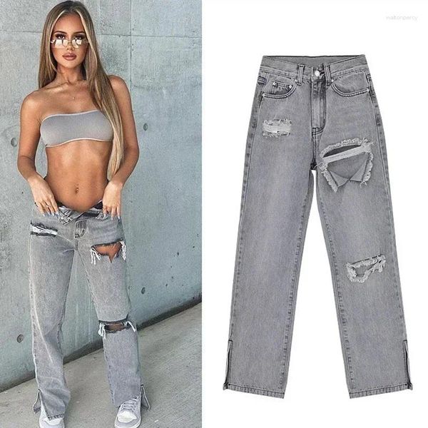 Jeans da donna Autunno Pantaloni lunghi a vita alta Pantaloni dritti moda Donna Streetwear Casual Split Sexy Cut-Out Pantalones Mujer 30209