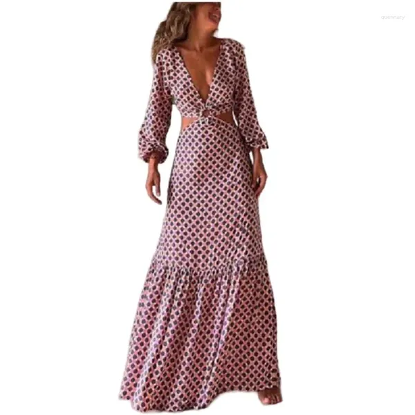 Damenbadebekleidung Frauen Sexy Strandkleider 2023 Sommer Boho Bikini Cover Up Langarm Robe Kleid Blumendruck V-Ausschnitt Maxi