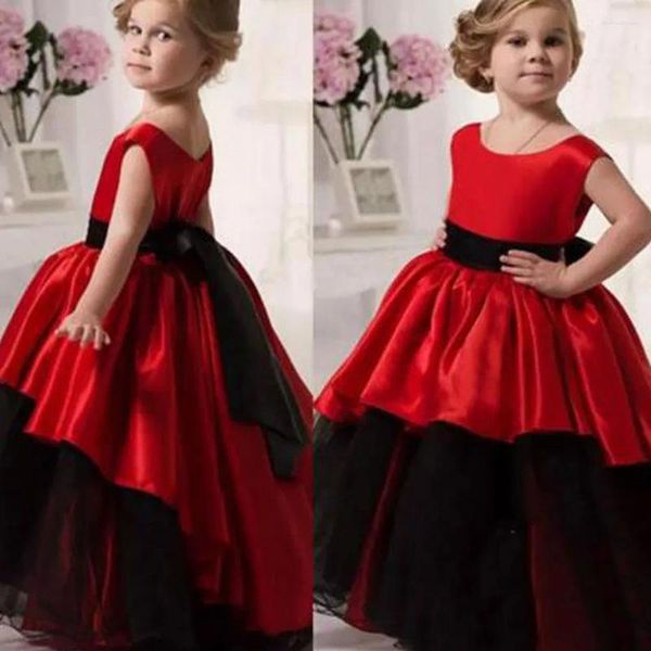 Kız Elbiseler Özel O boyun boyunlu Tül Kırmızı Saten Çocuklar Resmi Giyim Bebek Çocuklar Parti Elbise Kızlar Pageant Doğum Günü Noel Çiçek Dre