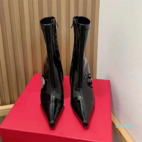 Stiefel für Damen, schwarze Stiefeletten, 9 cm Stiletto-Absatz, seitlicher Reißverschluss, Halbstiefel, Designer, spitze Zehen, hoher Absatz, modische Stiefel