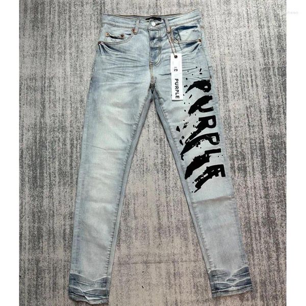 Calças de brim dos homens luz azul roxo denim calças de alta qualidade irregular inkjet carta impressão unisex moda streetwear calças compridas