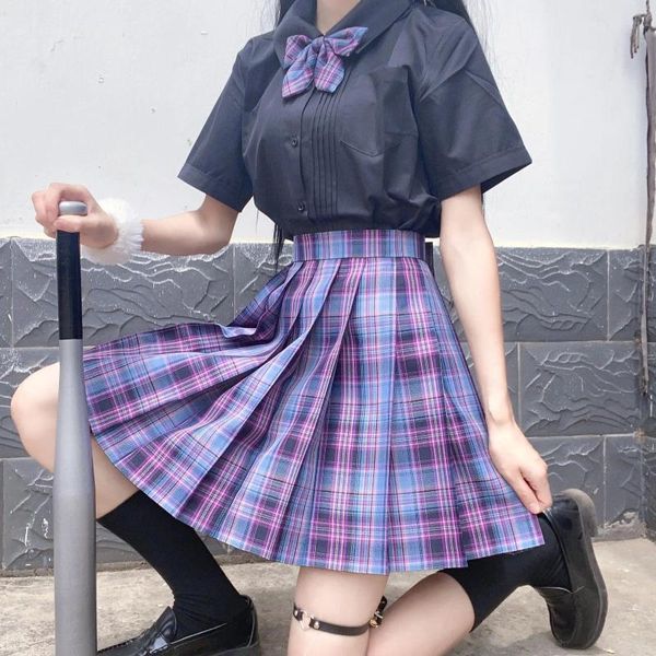 Etekler kadınlar mor siyah pileli ekose etek yaz yüksek bel Kore harajuku japon sevimli seksi mini a-line cosplay