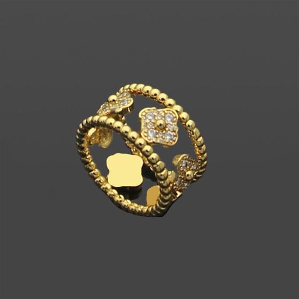 Paarringe Doppelklee voller Diamant offener Ring Kaleidoskop hohler Stern vierblättrige Blume 18 Karat Gold Schmetterling blau türkis222b