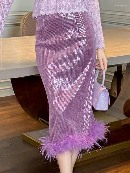 Gonne di lusso francese elegante viola lucido paillettes luminose gonna sottile donna celebrità peluche lungo festa di compleanno vestiti da club signora