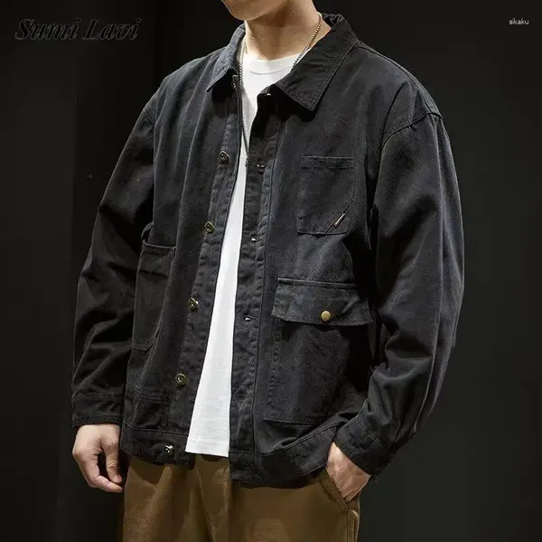 Jaquetas masculinas vintage remendo bolsos camisa de carga dos homens casual manga longa botão lapela jaqueta casaco streetwear roupas masculinas outerwear outono