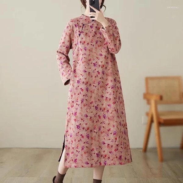 Повседневные платья Cheongsam 2023, осень/зима, женская одежда, большие размеры, свободное винтажное хлопковое платье с принтом, утолщенное улучшенное платье Qipao Z3951