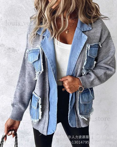 Maglioni da donna Cardigan con orlo grezzo Maglioni da donna Patchwork Colletto dentellato Giacche di jeans lavorate a maglia Maglioni Tasche Cappotti spessi Autunno Inverno Capispalla T231204