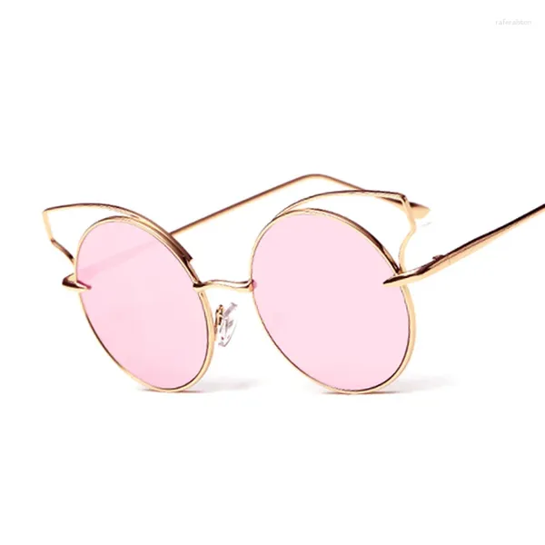 Солнцезащитные очки с полым кошачьим глазом, розовые зеркальные брендовые дизайнерские женские солнцезащитные очки, женские солнцезащитные очки в металлической оправе UV400, малый размер