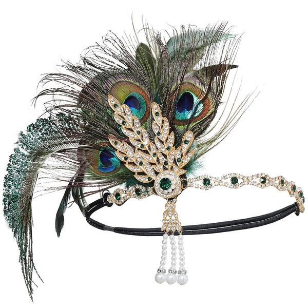 Stirnbänder Pfauenfeder-Stirnband 1920 Flapper Girl Kopfbedeckung mit Strassquaste Vintage Party Pografie Haarschmuck 231204