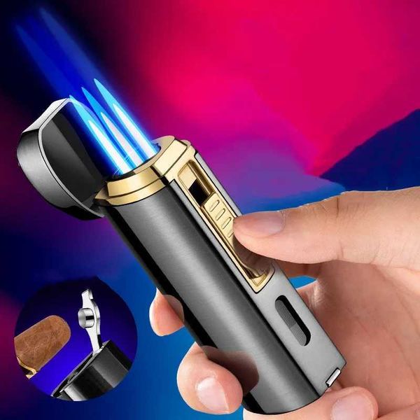 Triple Flame Jet Butan Kein Gasfeuerzeug Metall Outdoor Winddicht Blau Kraftvolles Feuer Zigarrenmesser Werkzeug Herren Geschenk