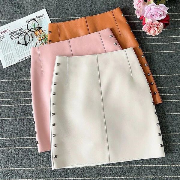 Röcke Echtes Leder Sexy Minirock Frauen 2023 Frühling Südkoreanische Mode Hohe Taille Niet Retro A-linie Weiß/Rosa