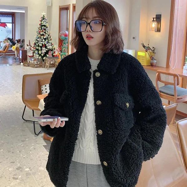 Kadın Ceketleri Kore moda kuzu yün katlar kadınlar sonbahar kış kalın sıcak peluş ceket kadın düz renk aşağı yaka kabarık ceket
