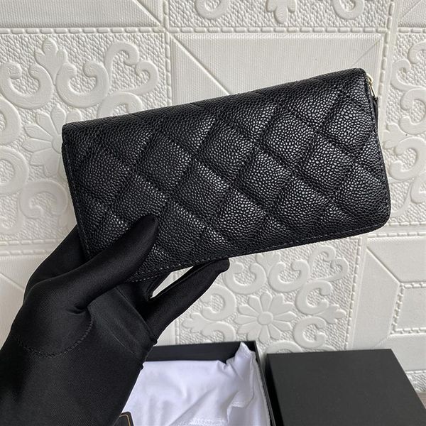 Kadın cüzdan fermuar para çantası lüks tasarımcı debriyaj koyun derisi uzun pasaport çantası haviar anahtar kılıfı orijinal deri ızgara desen inek272c