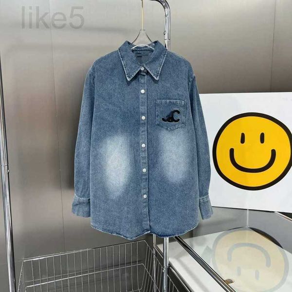 Kadın T-Shirt Tasarımcı Markası Tiaolin 23SS Gradient Sessiz Gömlek D0CR ile Nakırlı Sıkıntılı Yıkalı Denim Ceket