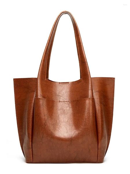 Abendtaschen Retro Große Kapazität Eimer Einkaufstasche Für Frauen Einfarbig Öl Wachs Leder Handtaschen Damen Shopping Große Schulter Sac