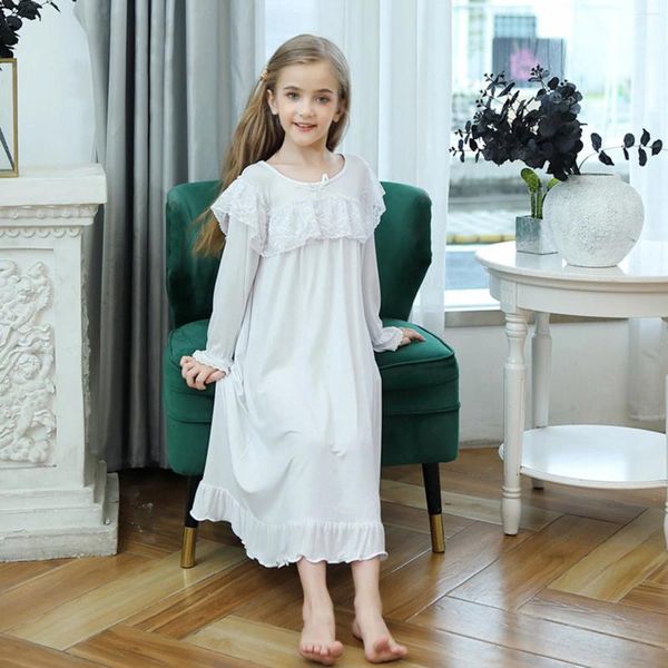 Mädchen Kleider Kinder Mädchen Spitze Kleid Kinder Nachthemd Einfarbig Rüschen Herbst Langarm Weiß Prinzessin Hause Robe Nachtwäsche Vestido