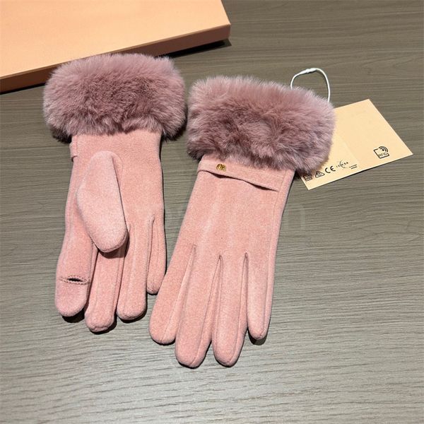 Guantes de mano de diseñador para mujer, cuello de piel de lujo, guante con dedo dividido, manoplas de cachemira cálidas para invierno, accesorios de moda para mujer con paquete