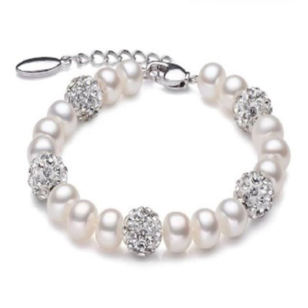 Vero e proprio bellissimo braccialetto di perle d'acqua dolce da donna, braccialetto di perle bianche coltivate da sposa, gioielli in argento 925, regalo di compleanno per ragazza GB773274G