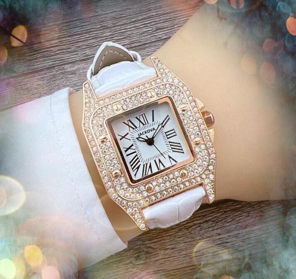 Moda número romano cuadrado cuarzo reloj de cuero genuino mujeres bling cristal diamantes anillo popular negocio oro rosa plata caja tanque serie vestido regalo reloj de pulsera