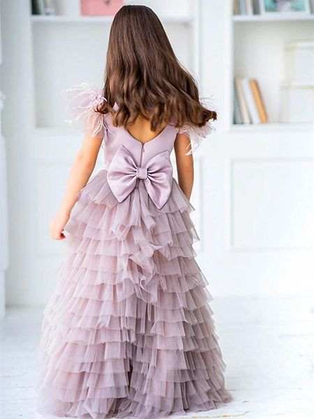 Abiti da ragazza Regalo di compleanno a sorpresa per bambini Bellissimo abito in tulle con fiori di piume stampato in pizzo Ballo della principessa Prima comunione