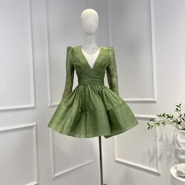 Vestidos casuais sólido 2023 chegadas verdes primavera verão vintage de alta qualidade linho seda manga longa cintura dobras mulher mini vestido para festa