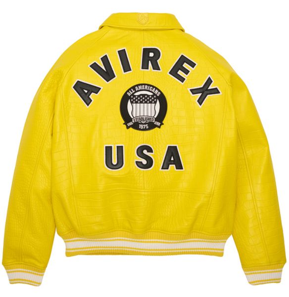 Giubbotto bomber giallo con motivo coccodrillo taglia USA AVIREX Designer di tute da volo in pelle di pecora spessa atletica casual