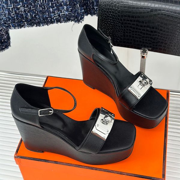 Tan-Go Platform Pumps Wedge Sandals Silver buttons Almond open-toe heels women's luxury designers Calf skin outsole pretty evening Dress shoes 105mm 35-42
