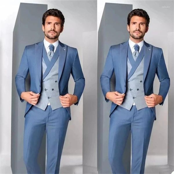 Abiti da uomo Est Gorgeous Blue Men Suit 3 pezzi Costume Homme Groom Prom Wedding Blazer (giacca pantaloni gilet) Terno Masculino Slim Fit