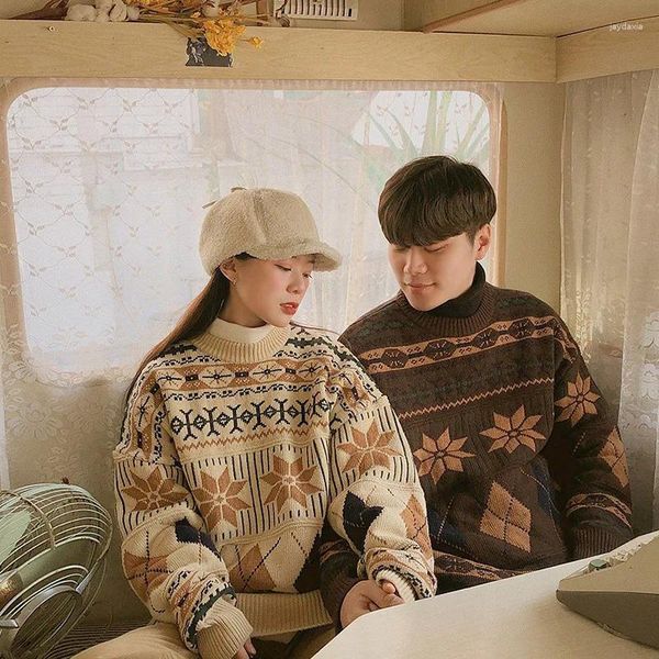 Erkek Sweaters 2024 Etnik Stil Retro Triko Sonbahar/Kış Kore baskısı ve kadınların gevşek yuvarlak boyunlu kazak ceket hafifliği