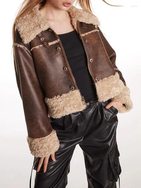 Женская кожаная осенне-зимняя женская куртка из искусственной замши, повседневное женское пальто с лацканами из овечьей шерсти, лоскутное пальто, высокое уличное мотоциклетное пальто