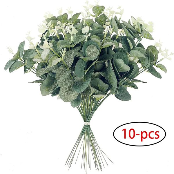 Flores decorativas grinaldas 10 pcs 12 folhas de eucalipto ramo ramo artificial plantas plásticas hastes verdes casamento falso bolo falso diy decoração 231202