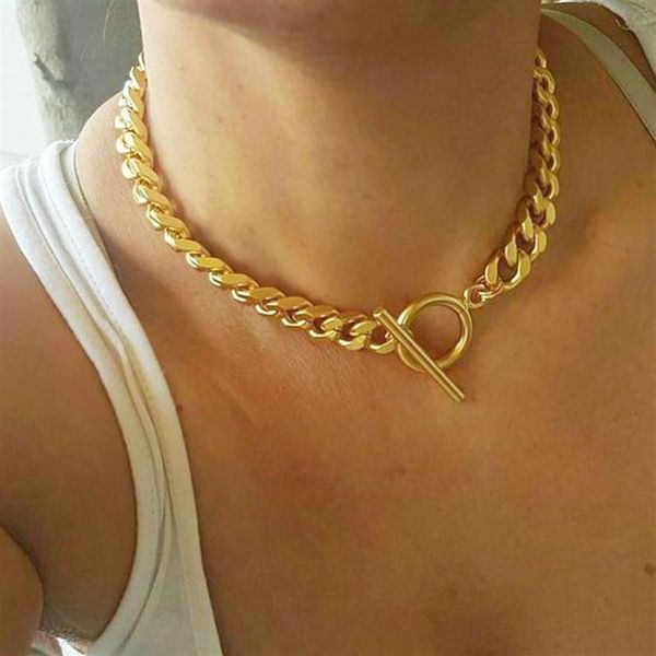 Moda estiva di alta qualità 9mm catena a maglia cubana chiusura a levetta colore oro trendy donne europee collana girocollo collane con pendente220A