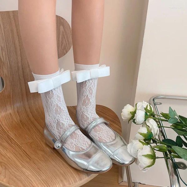 Calzini da donna Y2k JK stile giapponese Lolita ragazze carino Bowknot Kawaii scava fuori calze di pizzo a rete traspirante