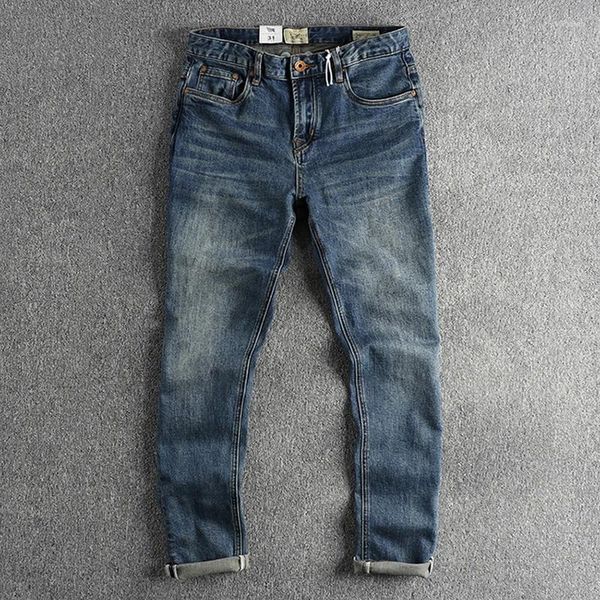 Jeans masculinos na moda personalizado lavado vintage angustiado tecido elástico fino-ajuste pequeno reto calças all-match