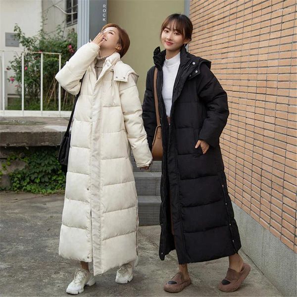 Trench da donna Cappotti X-long Parka Solido con cappuccio 2023 Giacca invernale casual da donna Colletto alla coreana Cappotto spesso imbottito in cotone sciolto da donna