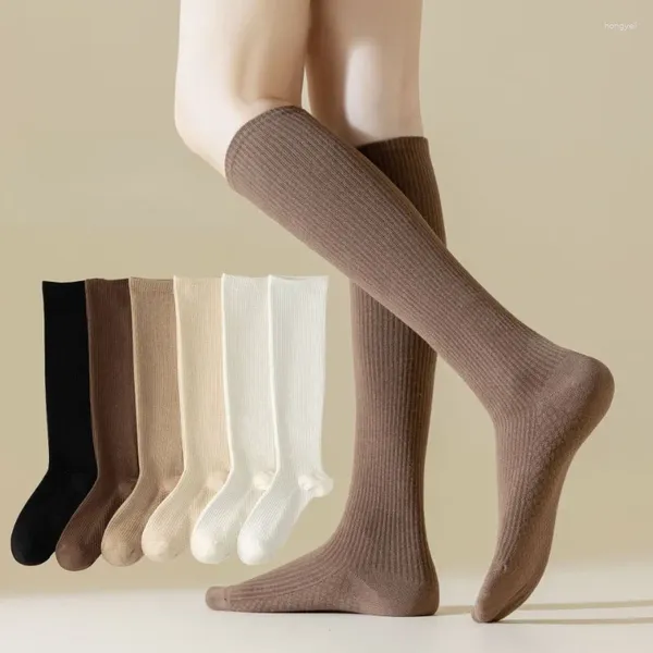 Meias femininas japonesas bezerro bombeado meias micro-pressionado fino joelho algodão dupla agulha cor sólida alta