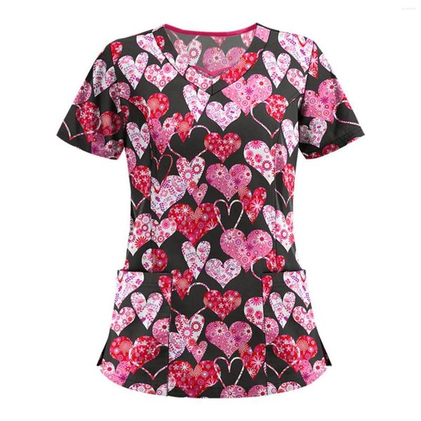 T-shirt da donna Moda urbana Abito con scollo a V Leopard Labbra rosse Stampato Manica corta T-shirt casual da badante Top Camicetta uniforme da lavoro