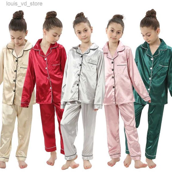 Pyjamas 2 Stück Säugling Baby Jungen Mädchen Pyjamas Seidensatin Top Hose Langarm Solide Button-Down Pyjamas Satin Set Nachthemd Kind Nachtwäsche T231204