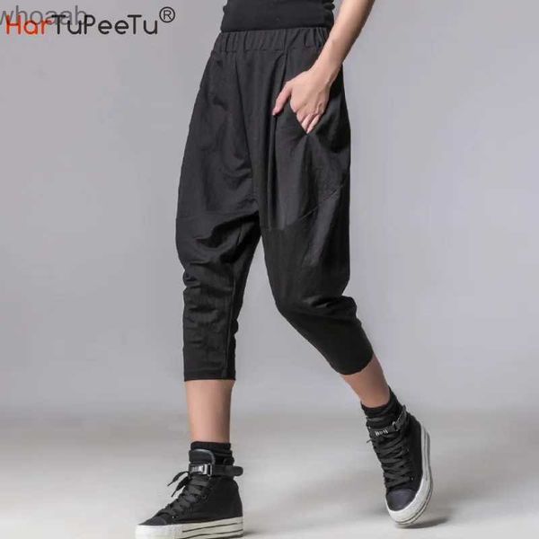 Calças masculinas verão preto harem calças mulheres elásticas cintura alta capris nylon algodão tornozelo comprimento solto hip hop calças streetwear yq231204