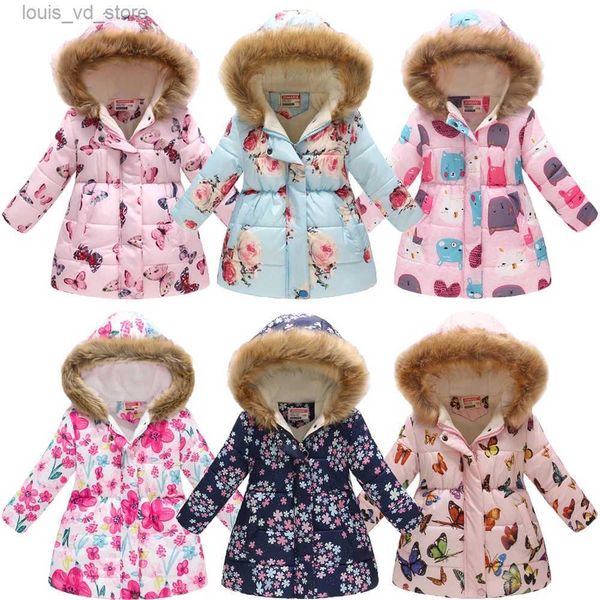 Piumino addensato inverno ragazze giacche moda stampata capispalla con cappuccio per bambini più velluto caldo cappotti per bambini regalo di Natale T231204