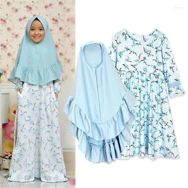 Abbigliamento etnico 2 pezzi Abaya e Hijab per bambini Ragazze Abito da preghiera floreale musulmano Foulard Bambini islamici Eid Abito da festa Dubai Khimar Set