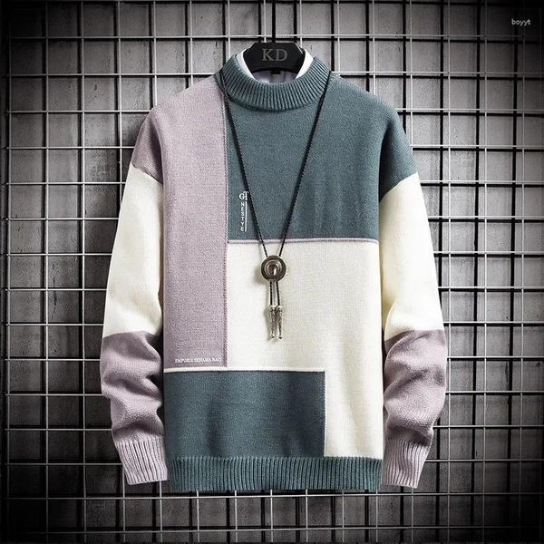 Мужские свитера, осенне-зимний вязаный свитер, пуловер с геометрическим узором и круглым вырезом, приталенный повседневный топ, дизайнерская одежда