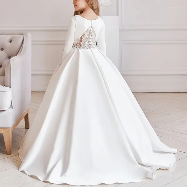 Mädchenkleider Elegantes Satin-Blumenkleid für die Hochzeit Langarm-Applikationsspitze Flauschige Prinzessin-Geburtstagsfeier Erstkommunion-Ballkleider