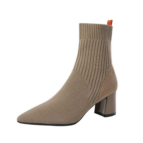 Botas femininas nova moda inverno simples salto alto apontou malha macia elástica confortável sola de borracha respirável novo