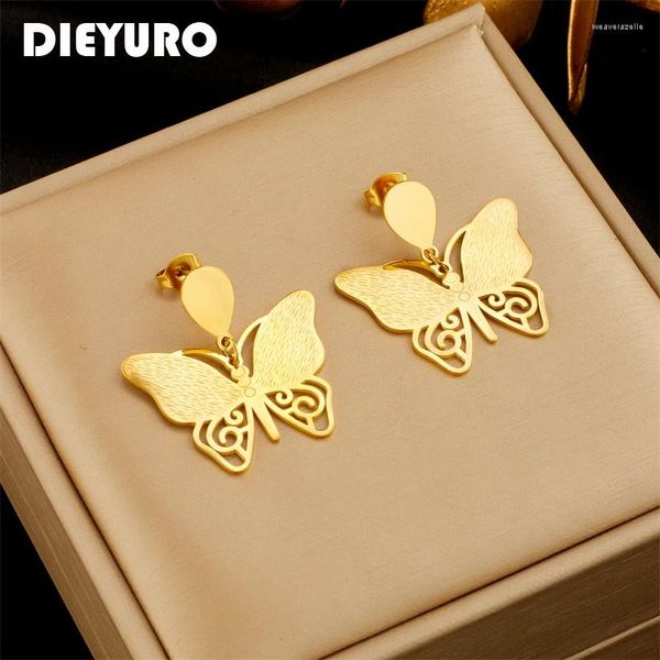 Висячие серьги DIEYURO из нержавеющей стали 316L золотого цвета с бабочками для женщин и девочек, модные водонепроницаемые ювелирные изделия, подарок для вечеринки
