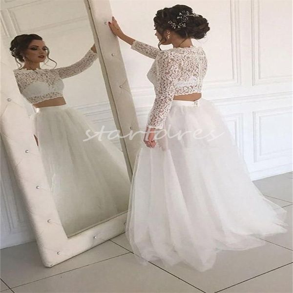 Fata Boho Abito da sposa Due pezzi 2024 Paese Civile Crop Top Pizzo Manica lunga Spiaggia Abito da sposa bohémien Lunghezza pavimento Tulle Gatsby Mariage Abiti da sposa civili Chic