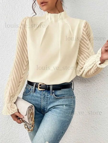 T-shirt da donna di lusso a metà collo alto camicetta Lady pannello motivo a onde volant foglia a maniche lunghe T-shirt autunno inverno vestiti T231204